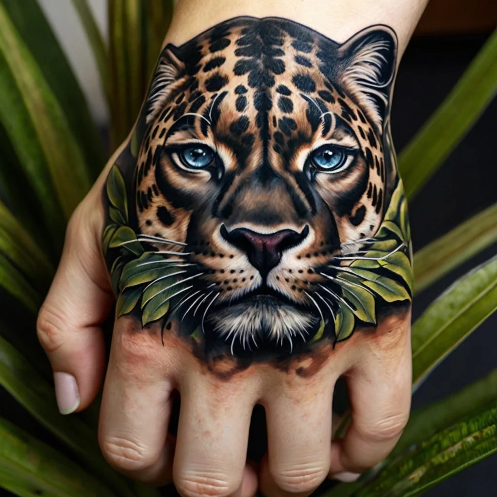 Hyper-realistic leopard tattoo on hand, featuring piercing blue eyes and surrounded by detailed green leaves.