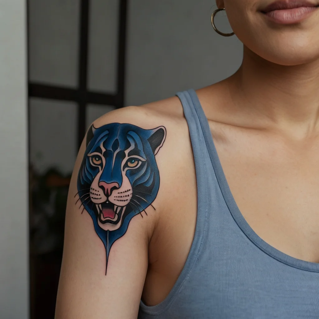 Tattoo of a blue tiger head on a shoulder, featuring bold black outlines and intricate shading for a vibrant, dynamic look.