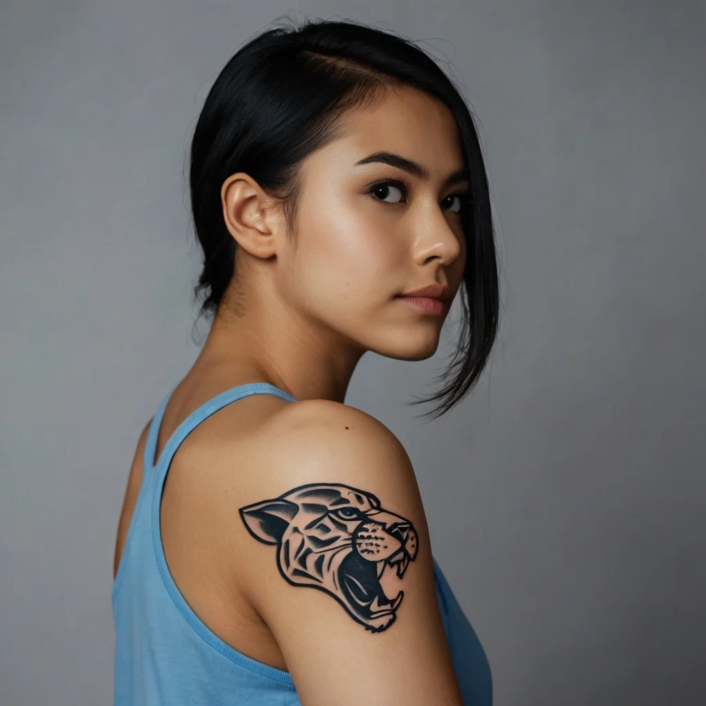 Bold black panther head tattoo on shoulder, showcasing fierce expression and intricate line work.