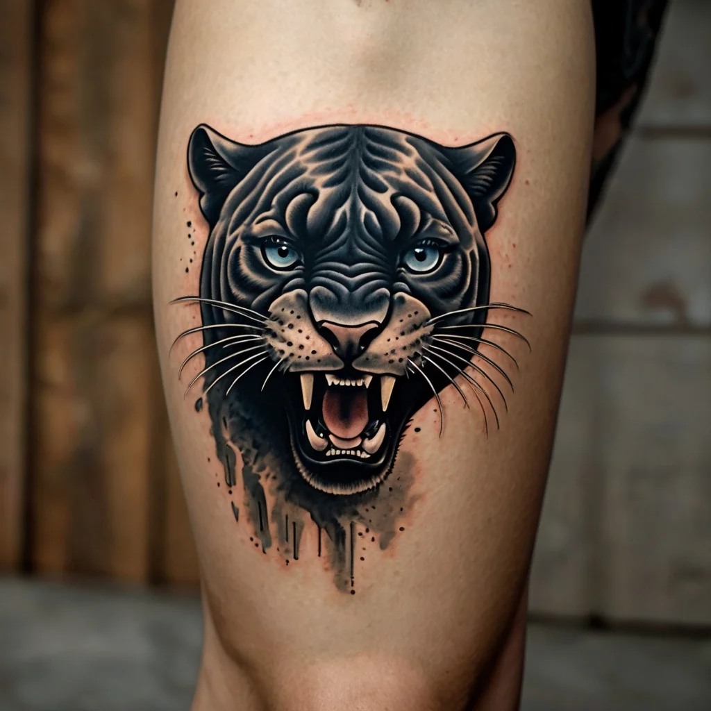 Realistic black panther tattoo with piercing blue eyes and open mouth, displaying fierce expression and detailed shading.