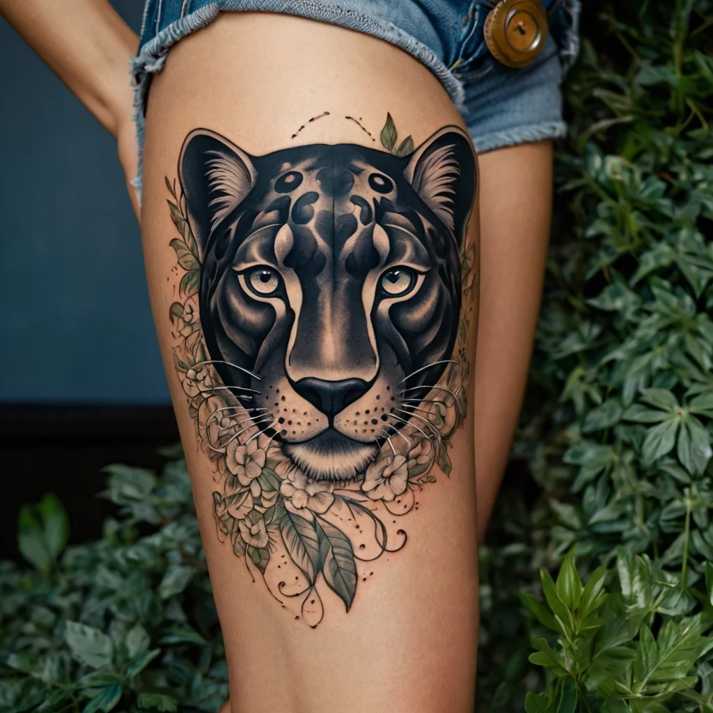 Tattoo of a realistic leopard face with detailed floral and leaf accents on a thigh, blending nature and wildlife art.