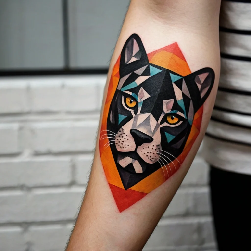 Geometric panther tattoo with bold orange and teal accents, creating a striking, symmetrical design on the forearm.