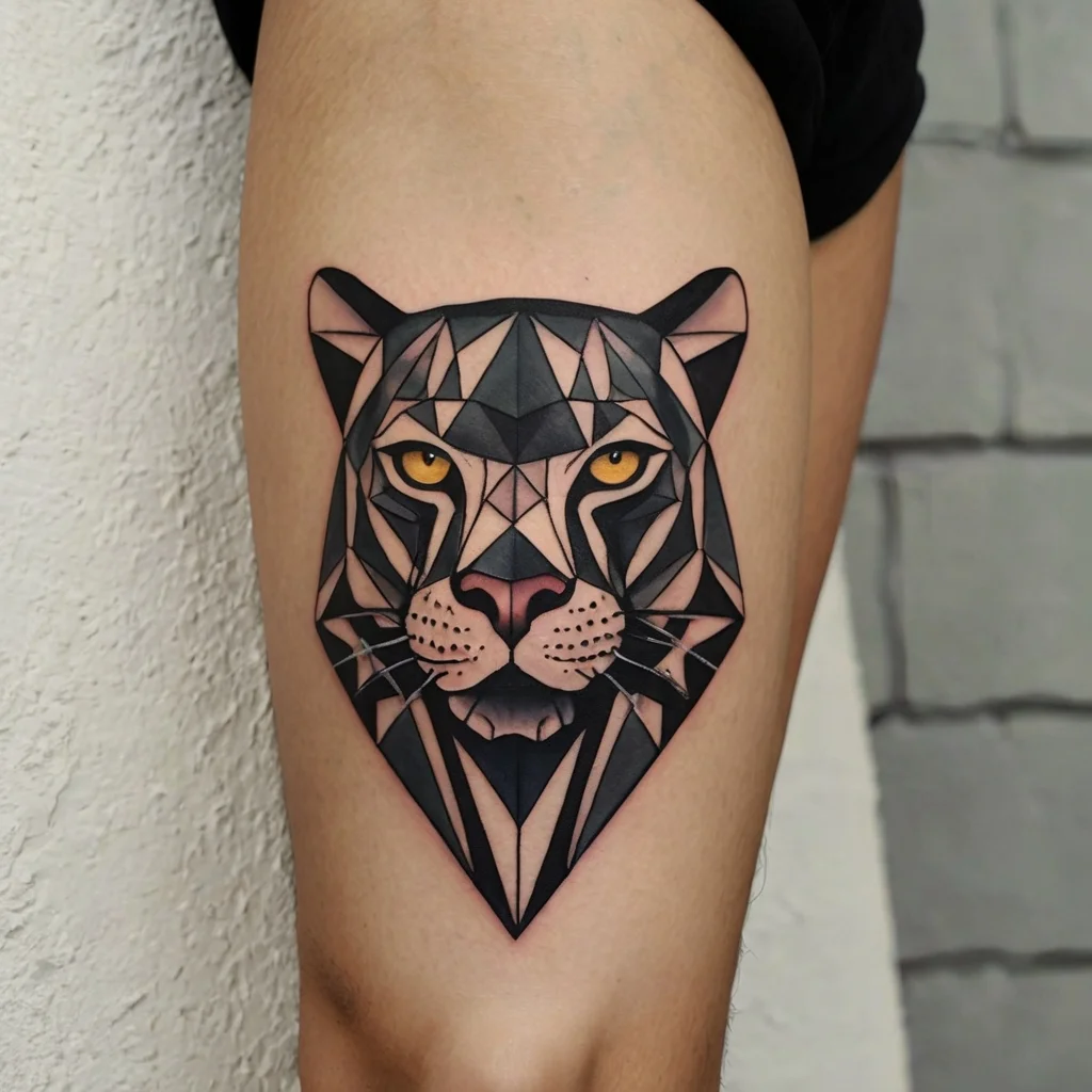 Geometric panther tattoo with angular shapes, featuring vivid yellow eyes on the inner forearm.