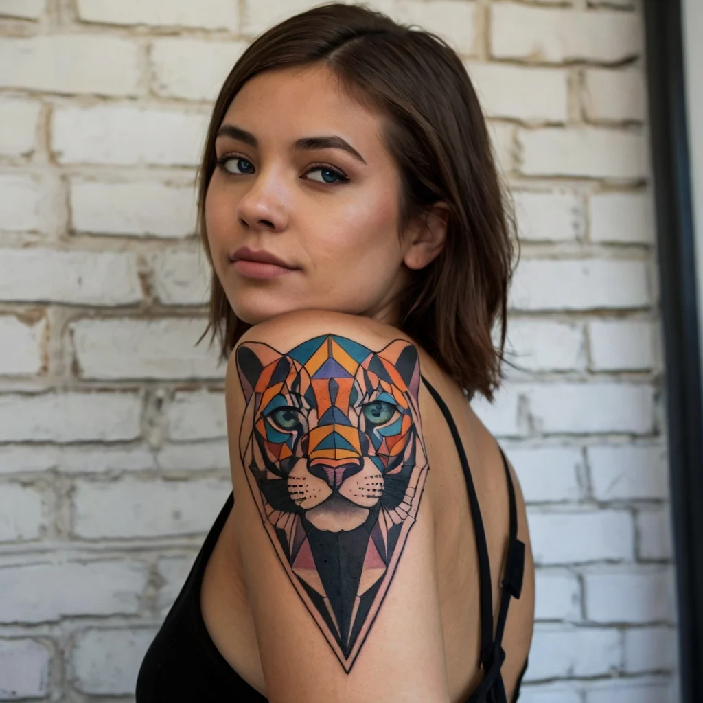 Geometric tiger tattoo in vibrant orange, blue, and black hues on the upper arm, featuring striking blue eyes.