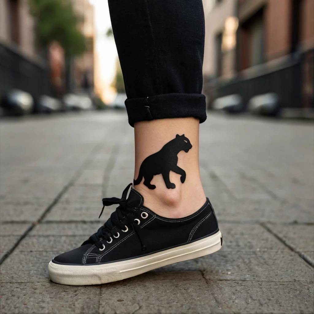 Ankle tattoo of a sleek black panther silhouette, symbolizing strength and stealth, in a minimalist style.