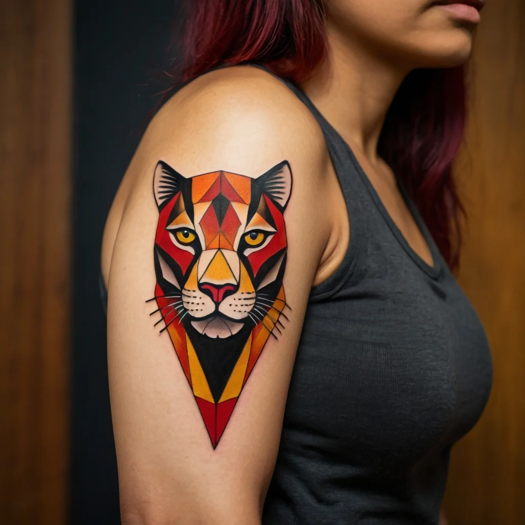 Geometric lion tattoo with vibrant red, orange, and yellow shapes forms a bold design on the upper arm.