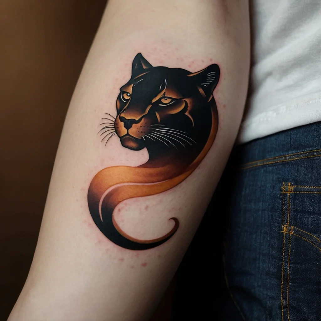 Tattoo of a sleek panther head with a fluid, smoky body blending into warm shades, creating a dynamic and bold design.