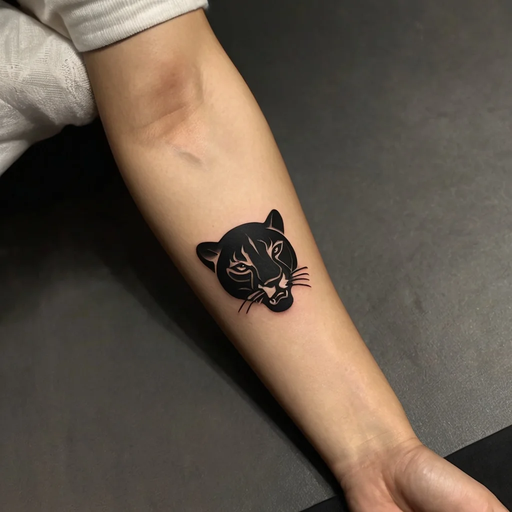 Tattoo of a sleek black panther head on forearm, featuring bold lines and fierce expression.