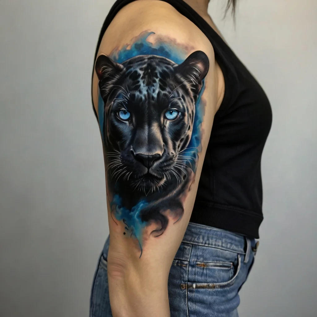 Realistic black panther tattoo with vivid blue eyes, surrounded by a blue and black smoke effect on the upper arm.