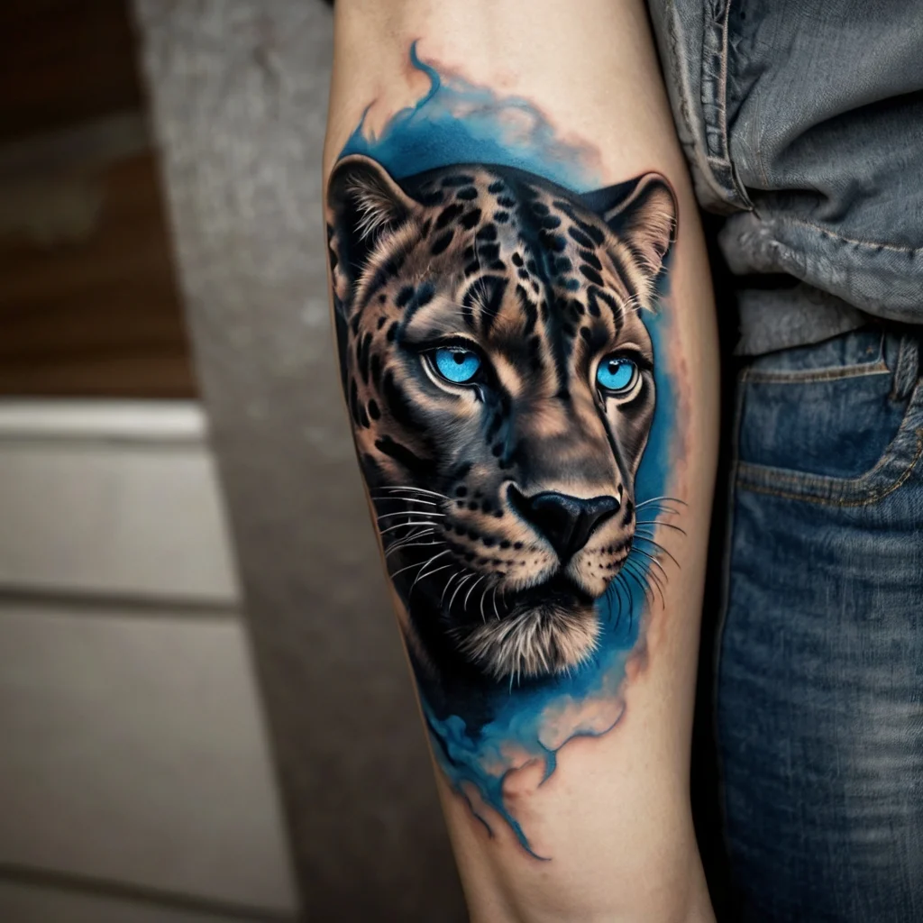 Realistic leopard tattoo with striking blue eyes, surrounded by a blue watercolor effect on the inner forearm.