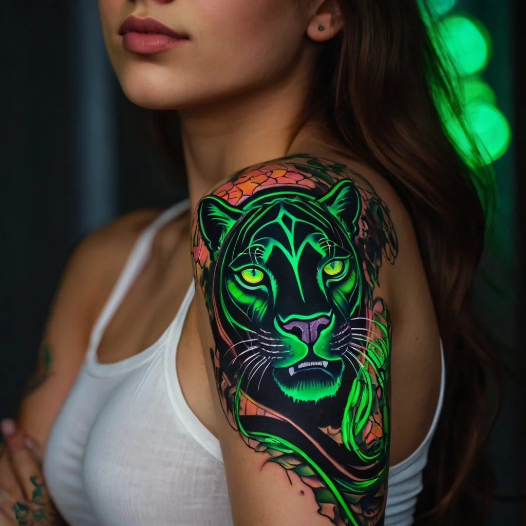 Neon green and black panther tattoo with glowing eyes, bold outlines, and abstract floral accents on the shoulder.