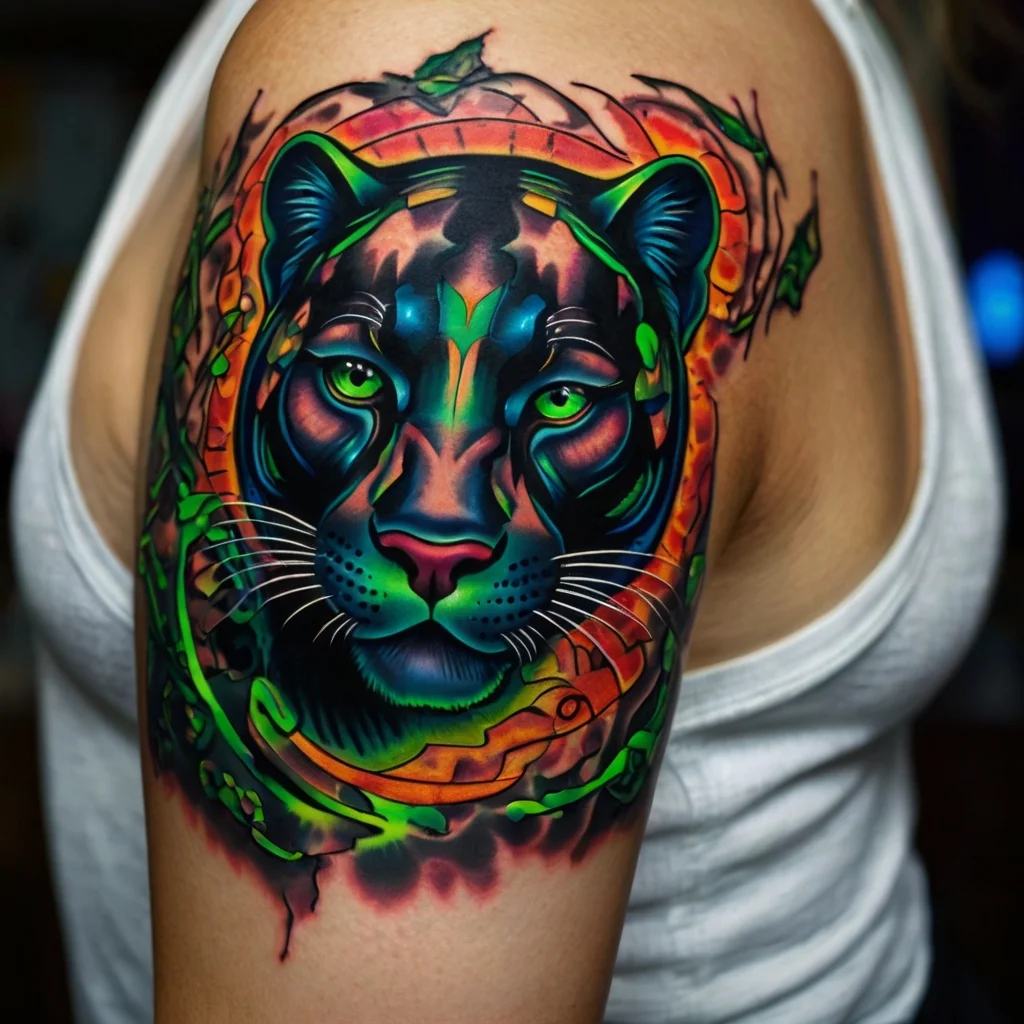 Vibrant neon jaguar head tattoo with green eyes, surrounded by colorful abstract patterns and leaves on the shoulder.