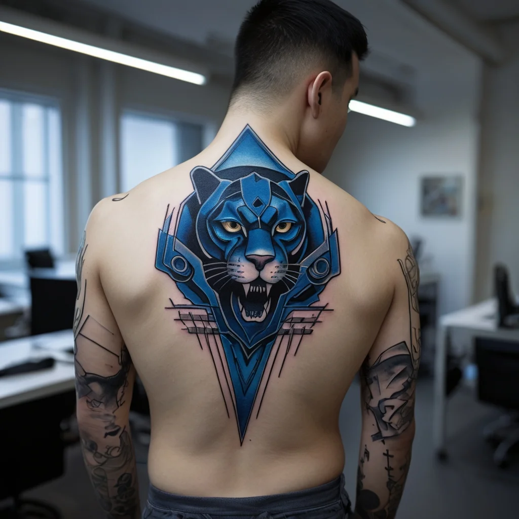 Geometric blue panther tattoo with sharp lines on back, features piercing yellow eyes and bold, angular patterns.