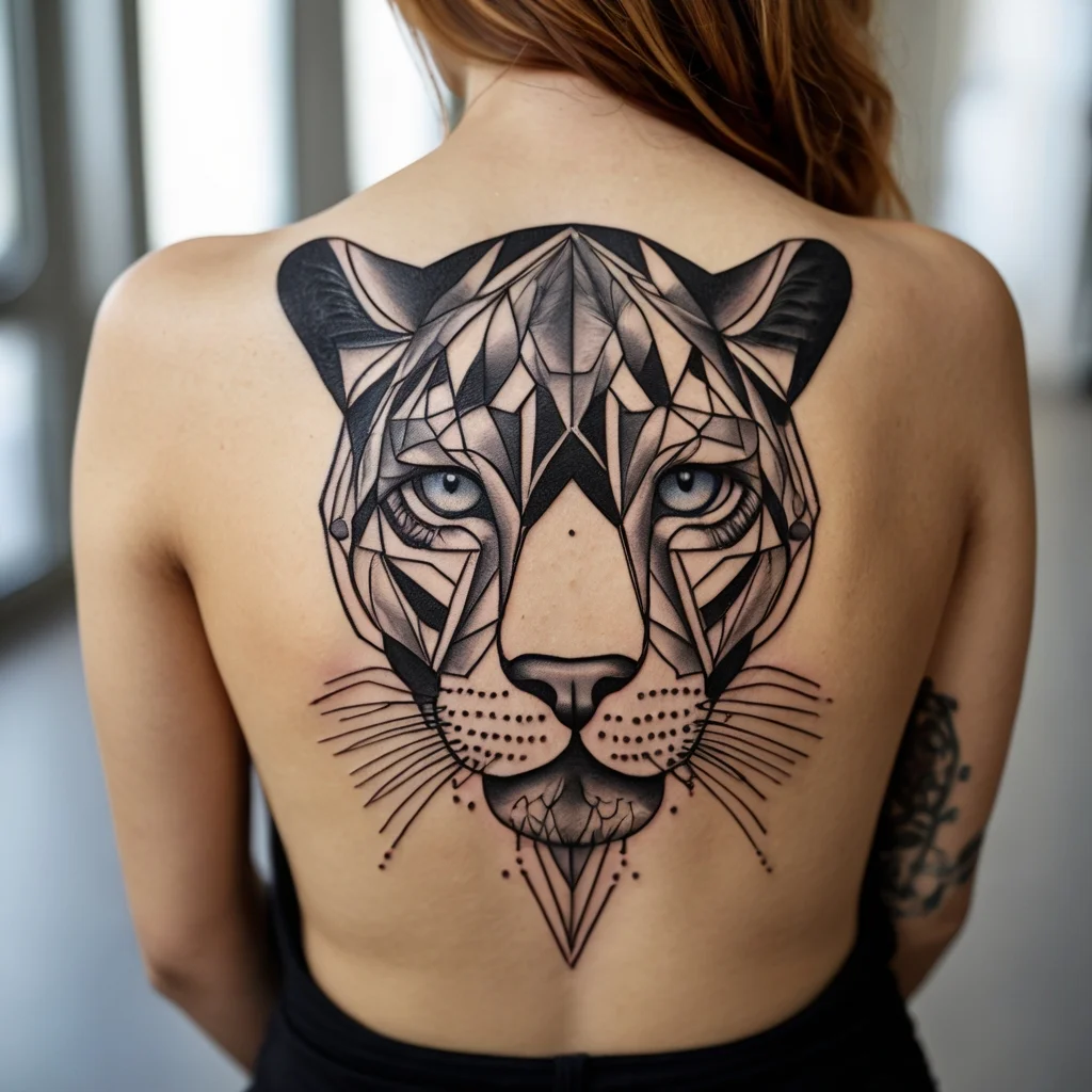 Geometric lion tattoo design with intricate lines and shading, featuring striking eyes, placed centrally on the upper back.