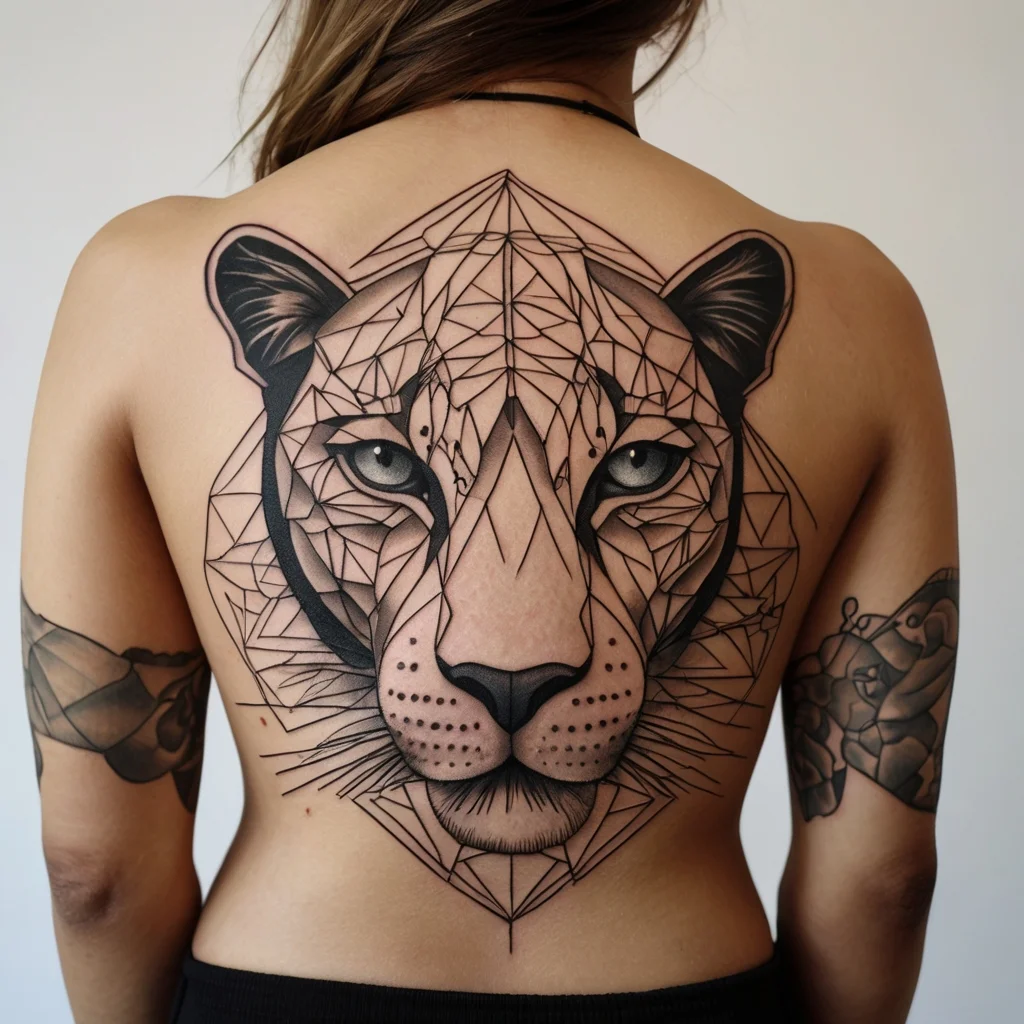 Geometric lion tattoo covers the back, featuring intricate lines and shapes forming a stylized, symmetrical lion's face.