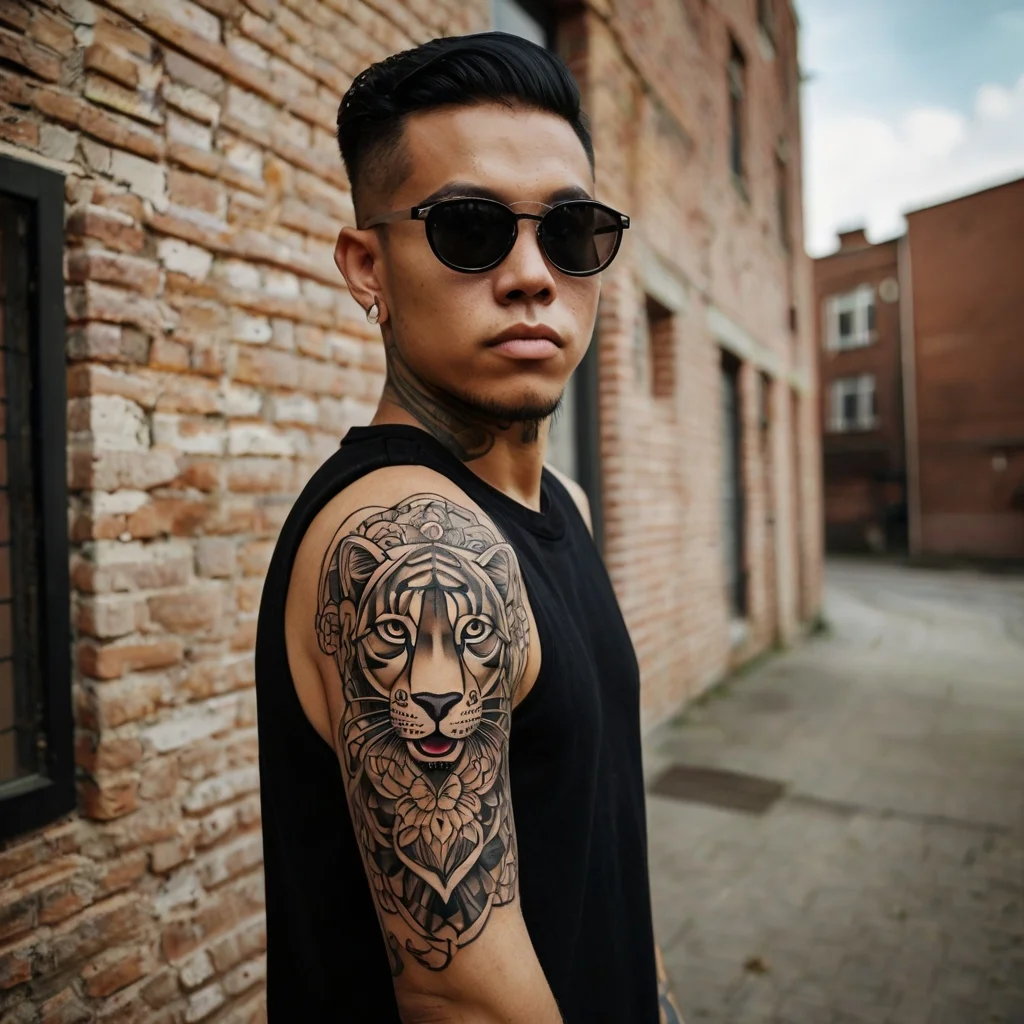 Geometric tiger tattoo on upper arm, features intricate linework and floral elements, symbolizing strength and beauty.