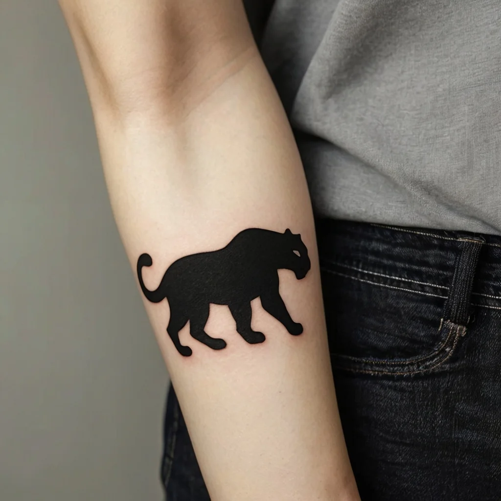 Solid black silhouette of a panther tattooed on the forearm, symbolizing strength and elegance.