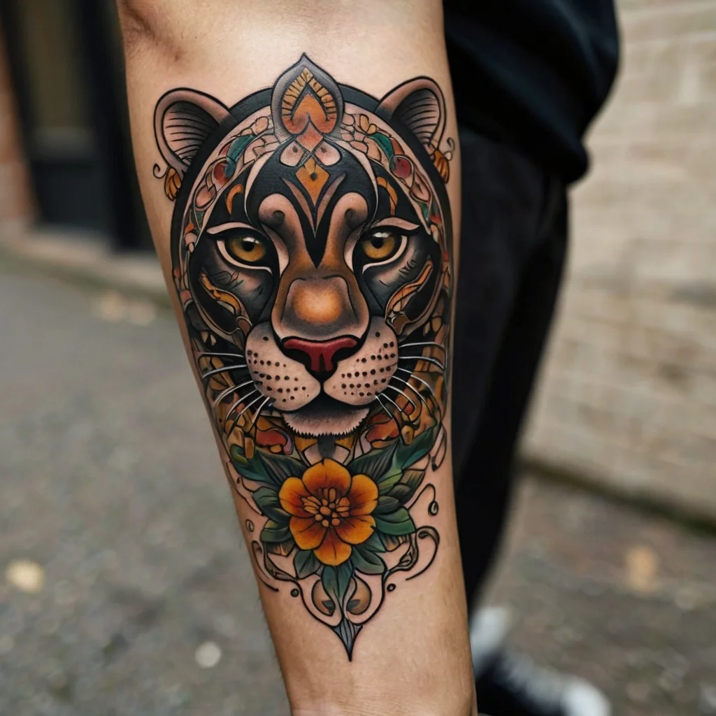 Neo-traditional tattoo of a stylized tiger face with geometric elements and a vibrant floral motif below.