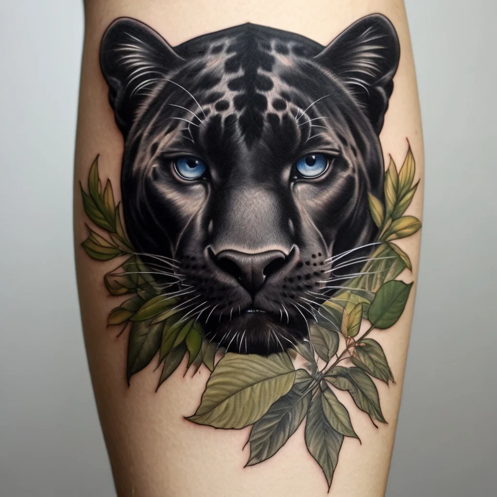 Tattoo of a sleek black panther with piercing blue eyes, framed by lush green leaves, on the skin.