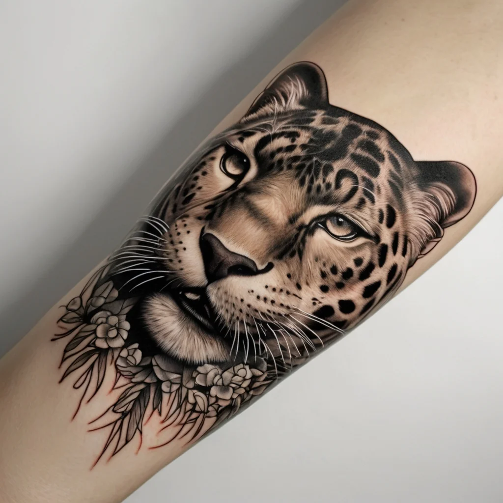 Tattoo of a realistic leopard head with detailed spots, surrounded by delicate black and gray floral embellishments.