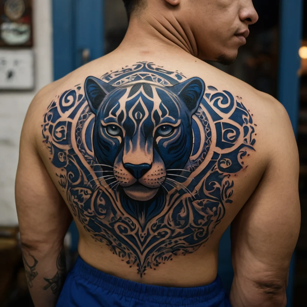 Intricate back tattoo of a stylized blue tiger face, surrounded by ornate tribal patterns and swirls.