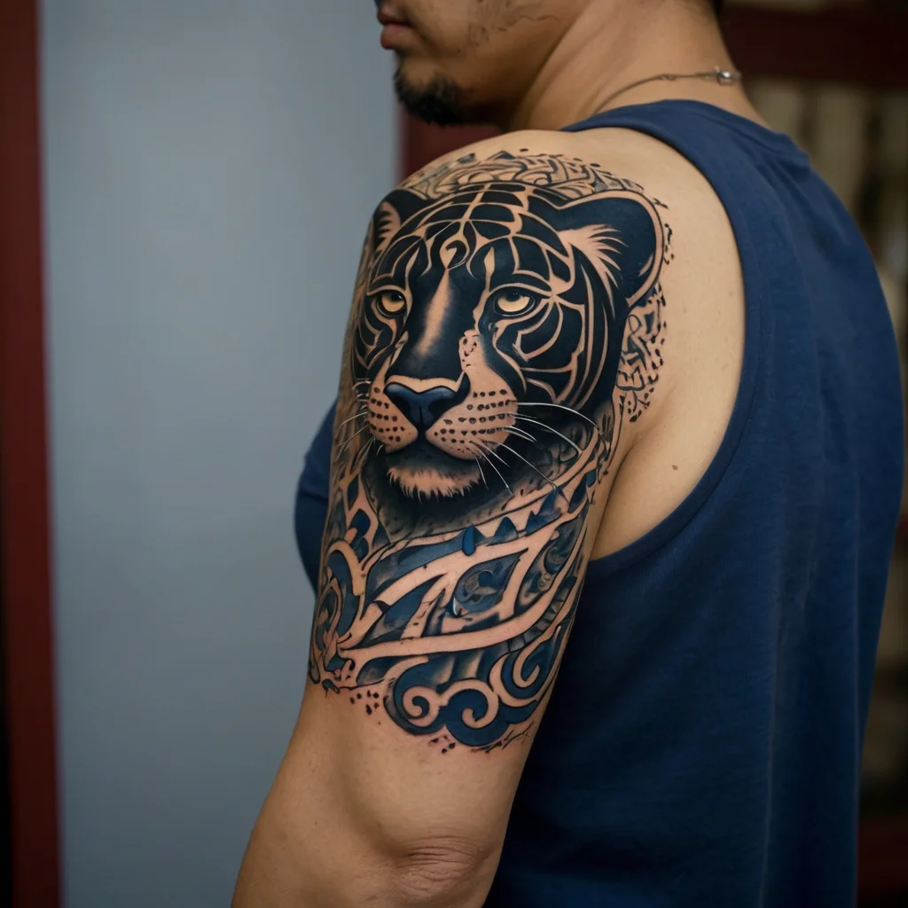 Intricate tiger tattoo on the upper arm with geometric patterns and bold shading, blending realism and abstract art.