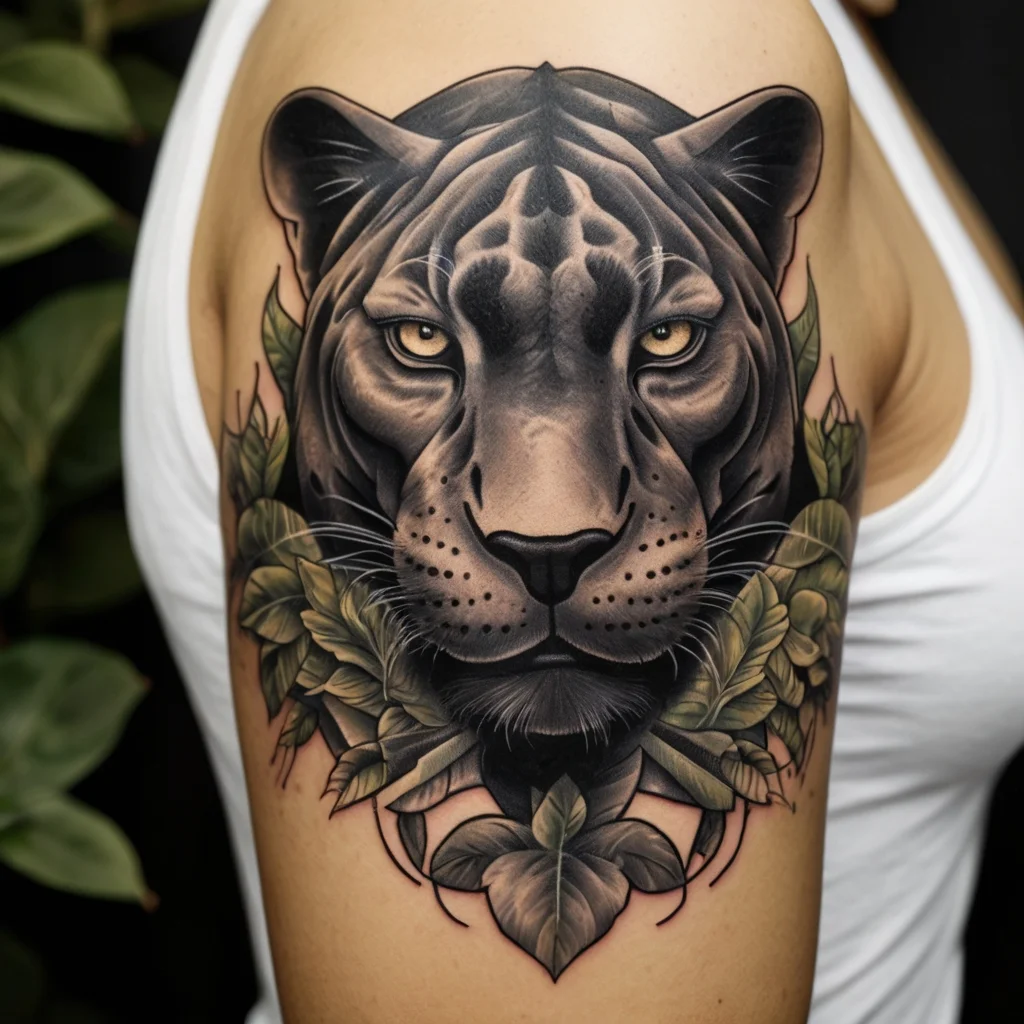 Tattoo of a realistic black panther face surrounded by detailed green leaves, symbolizing strength and nature.