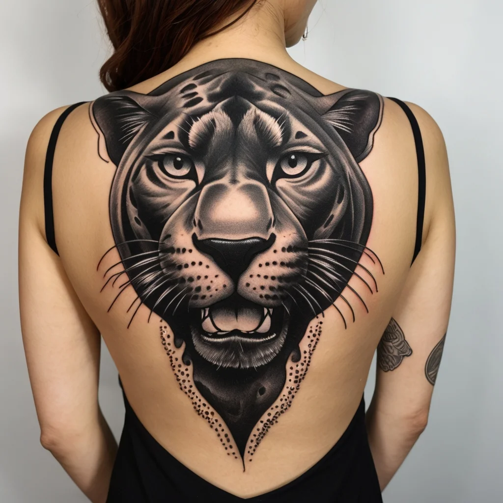 Large back tattoo of a realistic black panther, showcasing detailed shading and intricate dotwork patterns.