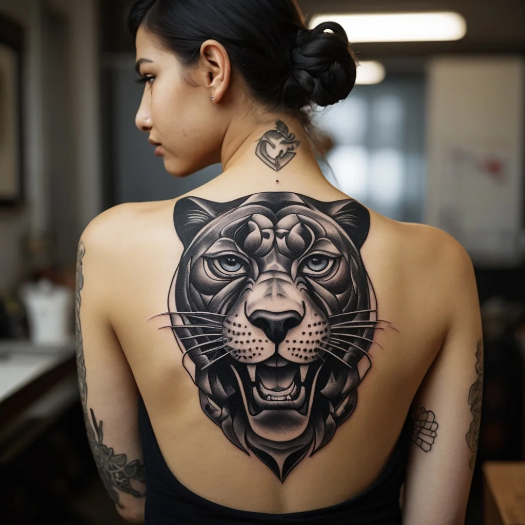 Tattoo of a detailed geometric big cat face, centered on the back, combines realism with bold shading for depth.