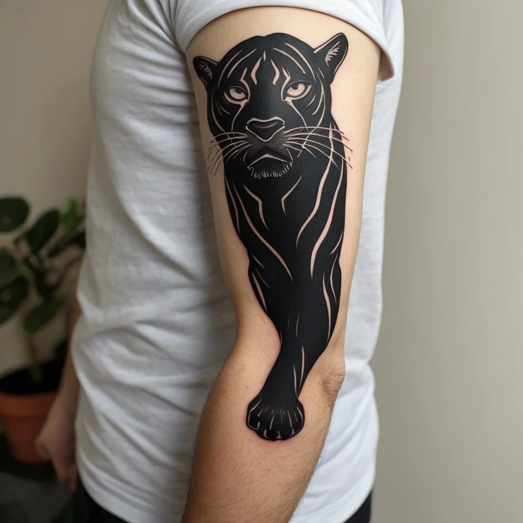 Black panther tattoo on arm, showcasing bold lines and minimalist style, symbolizing power and stealth.