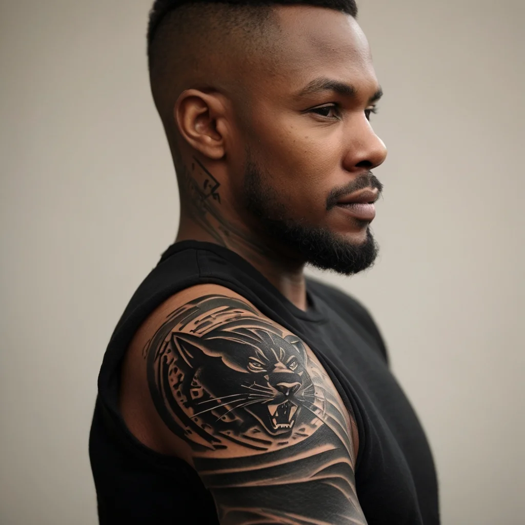 Tattoo of a fierce black panther's head in bold black and gray, accented with dynamic lines, adorns the upper arm.