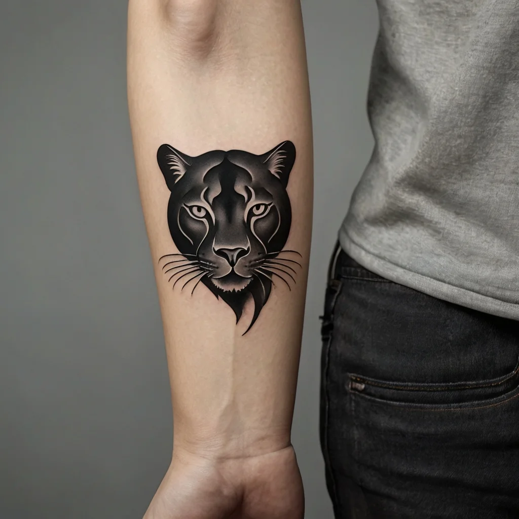 Tattoo of a realistic black panther head, etched on forearm, with bold shading and striking eyes.