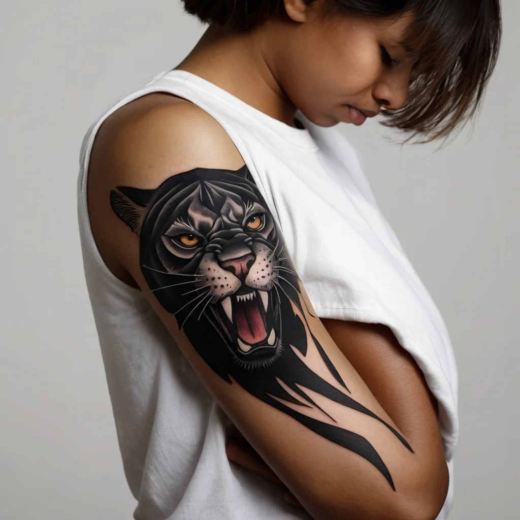 Bold black panther tattoo with fierce eyes and sharp teeth, creating a dynamic look with flowing lines on the arm.