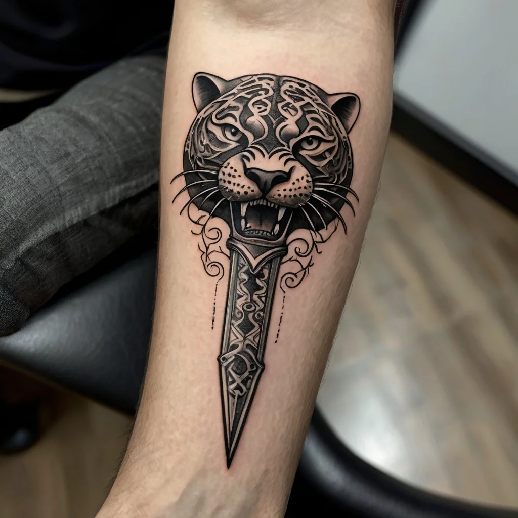 A detailed tattoo of a roaring leopard head above a dagger, featuring intricate tribal patterns and bold linework.