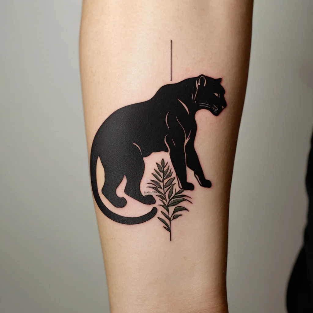 Silhouette tattoo of a panther with a vertical line and fern, symbolizing strength and grace on the forearm.