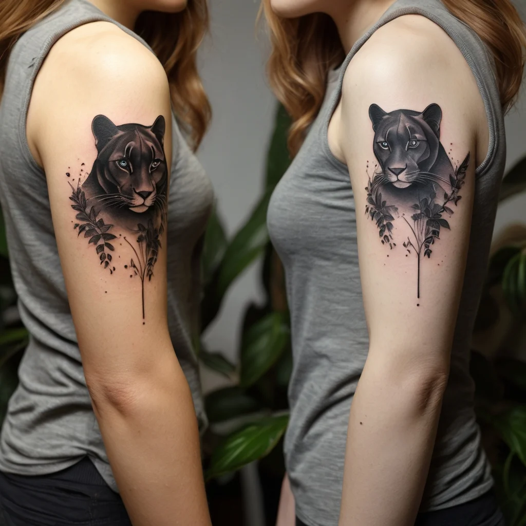 Realistic black panther head with foliage detail on upper arm, blending bold shadows with botanical elements.