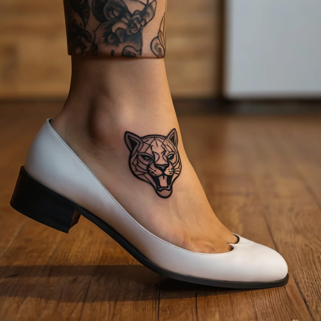 Linework tattoo of a panther's head on the ankle, showcasing bold outlines and geometric detailing.