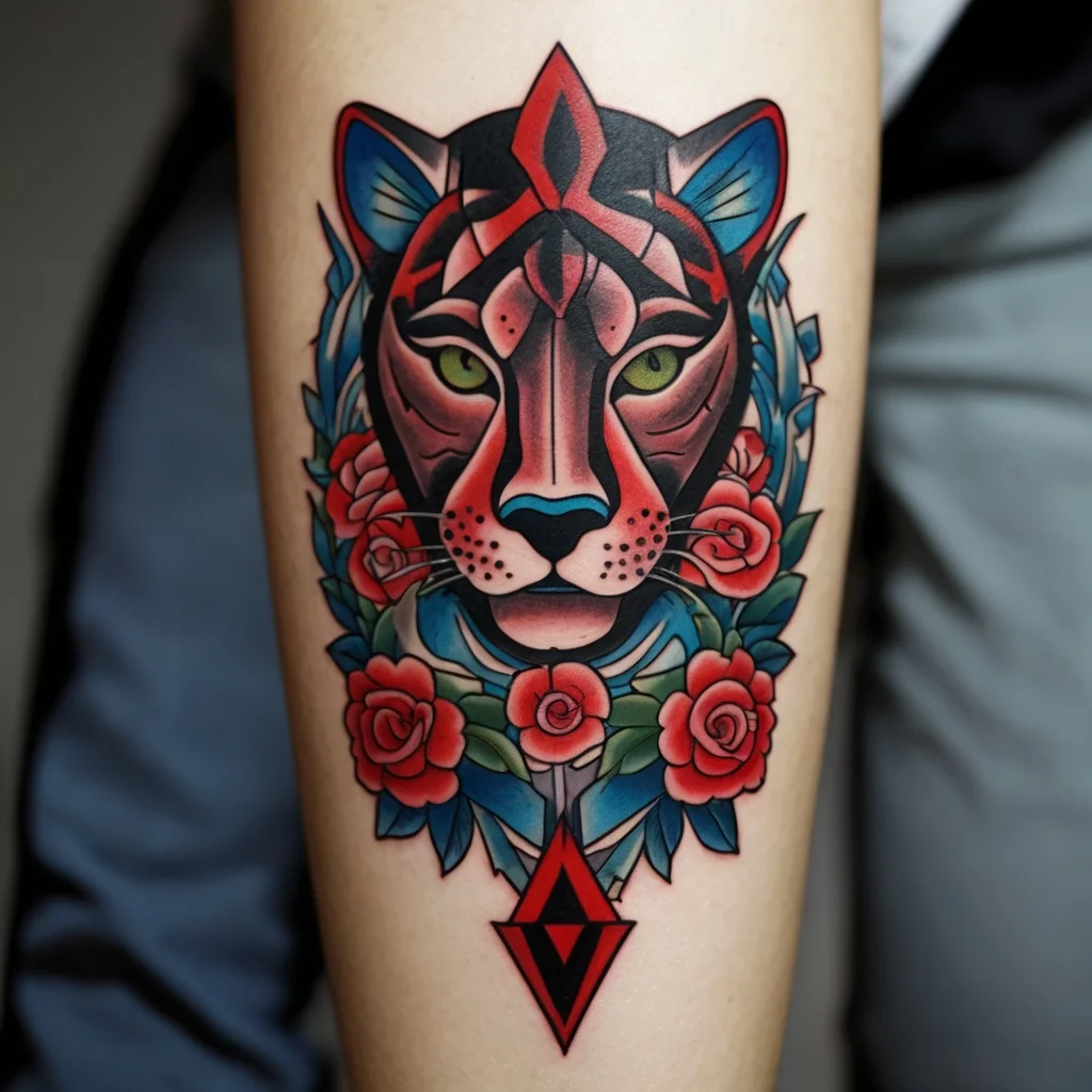 Geometric panther head tattoo with vibrant red roses and green leaves, accented by bold, abstract patterns.