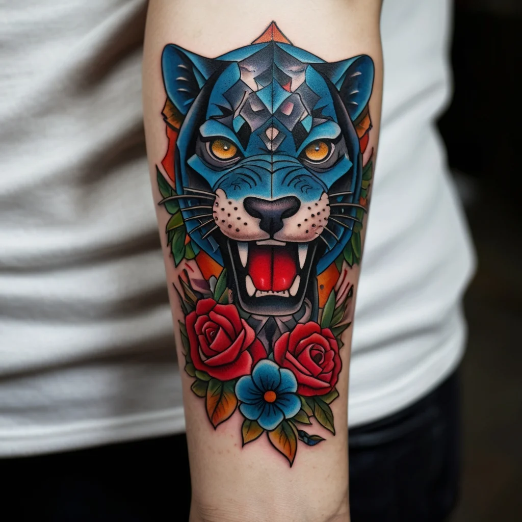 Vibrant tattoo of a geometric blue panther head, surrounded by red roses and a blue flower, symbolizing strength and beauty.