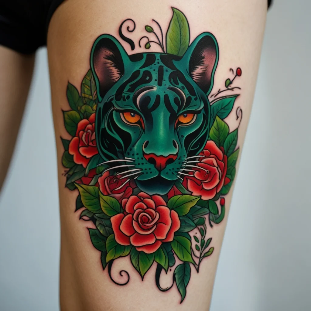 Stylized teal panther surrounded by vibrant red roses and green leaves, creating a striking contrast and dynamic flow.