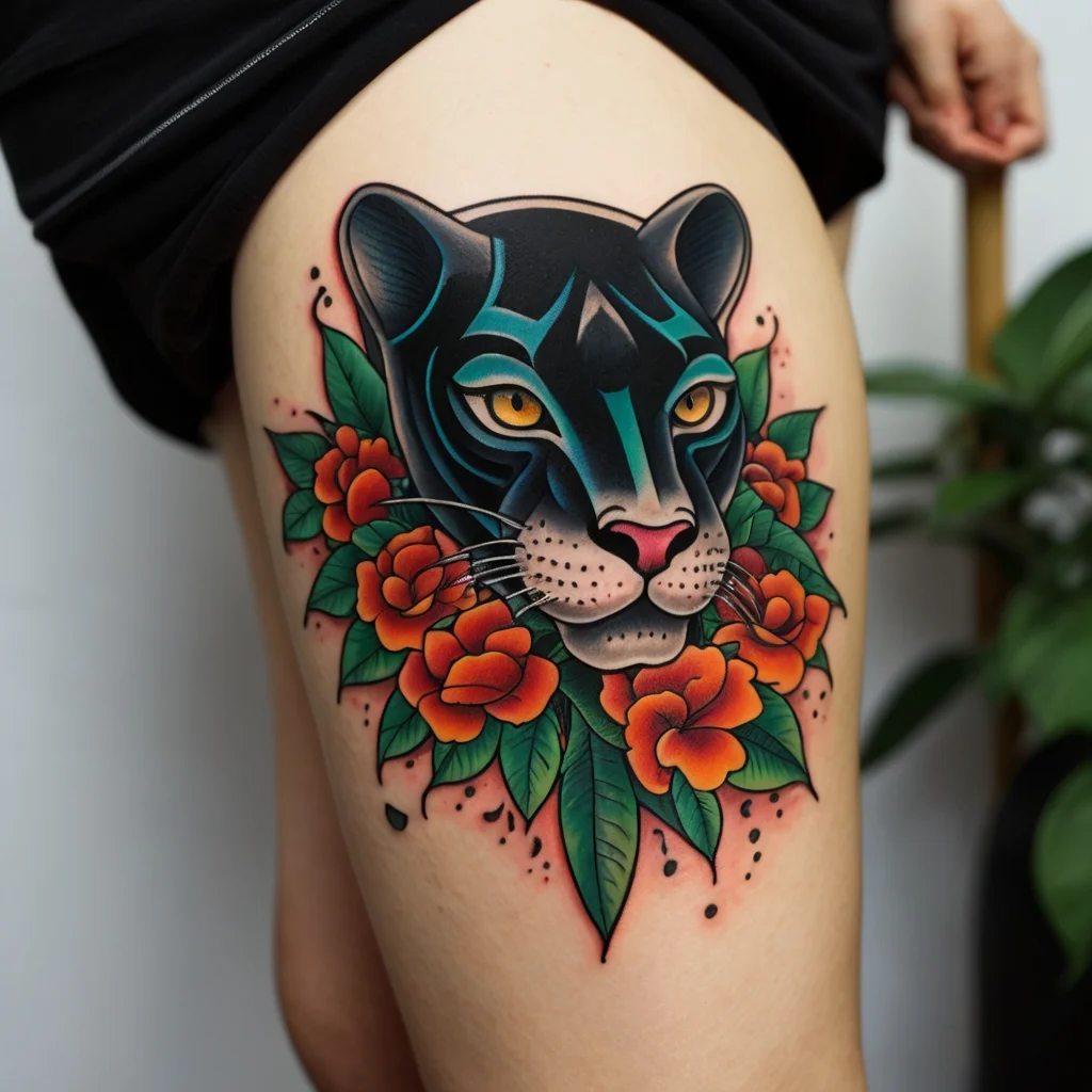 Tattoo of a vibrant black panther surrounded by orange blossoms and green leaves, showcasing neo-traditional style.