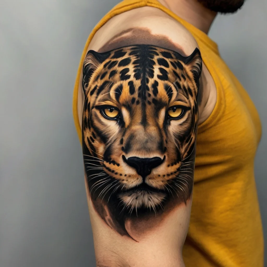 Realistic leopard tattoo on upper arm, showcasing intricate fur details and piercing yellow eyes, with lifelike expression.