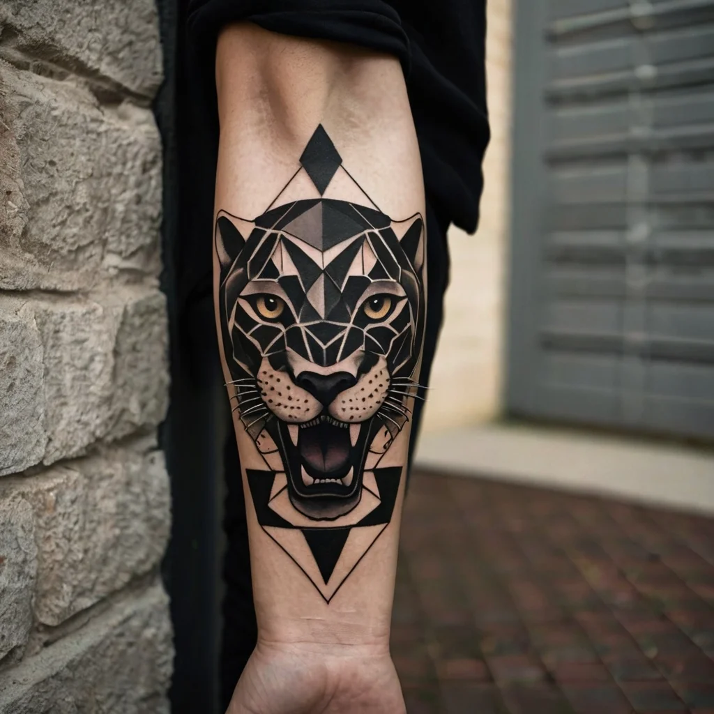 Geometric tattoo of a roaring jaguar with bold black shapes and intricate line work on an inner forearm.