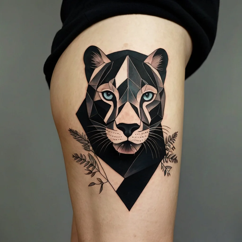 Geometric panther tattoo with piercing blue eyes and leaf accents, blending modern and natural elements on the thigh.