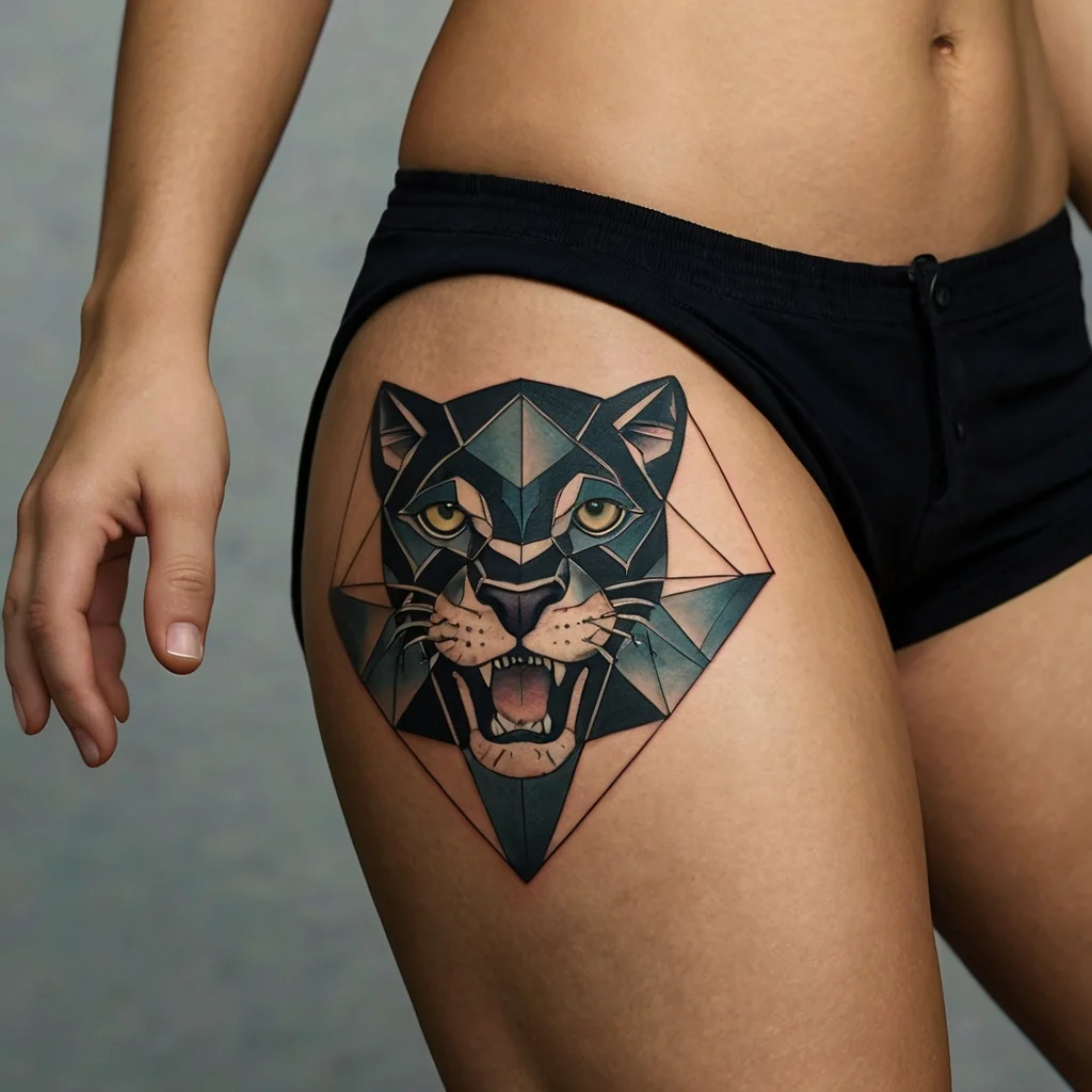 Geometric panther tattoo with sharp lines and vibrant colors, creating a fierce look on the thigh.