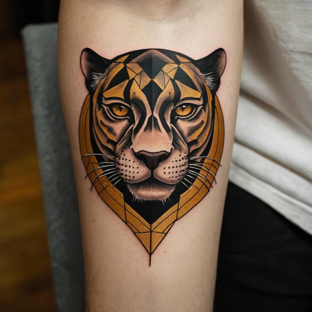 Geometric tiger tattoo with bold symmetry, combining realism and abstract patterns in yellow and black tones.