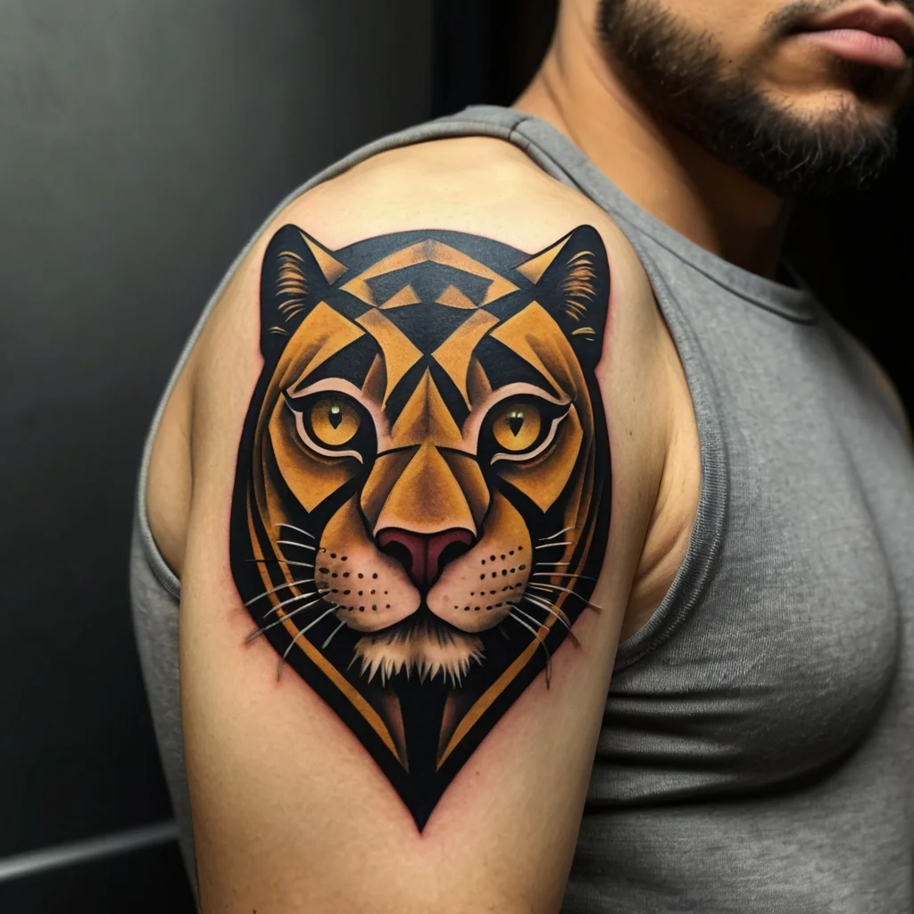 Geometric tiger tattoo on upper arm, featuring bold lines and vibrant orange and black hues, symbolizing strength.