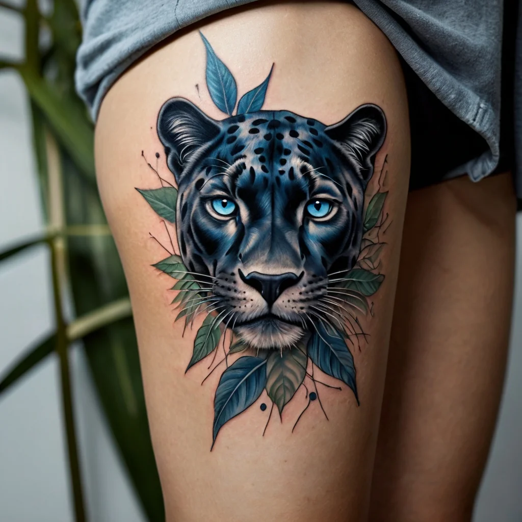 Tattoo of a blue-eyed panther surrounded by green leaves, blending realism and watercolor on the upper thigh.