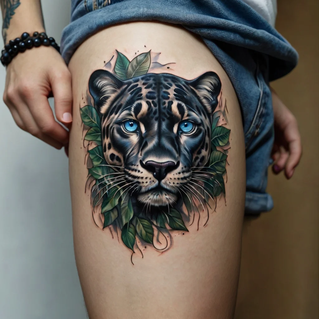 Realistic jaguar tattoo with piercing blue eyes and lush green leaves enveloping the face on the thigh.