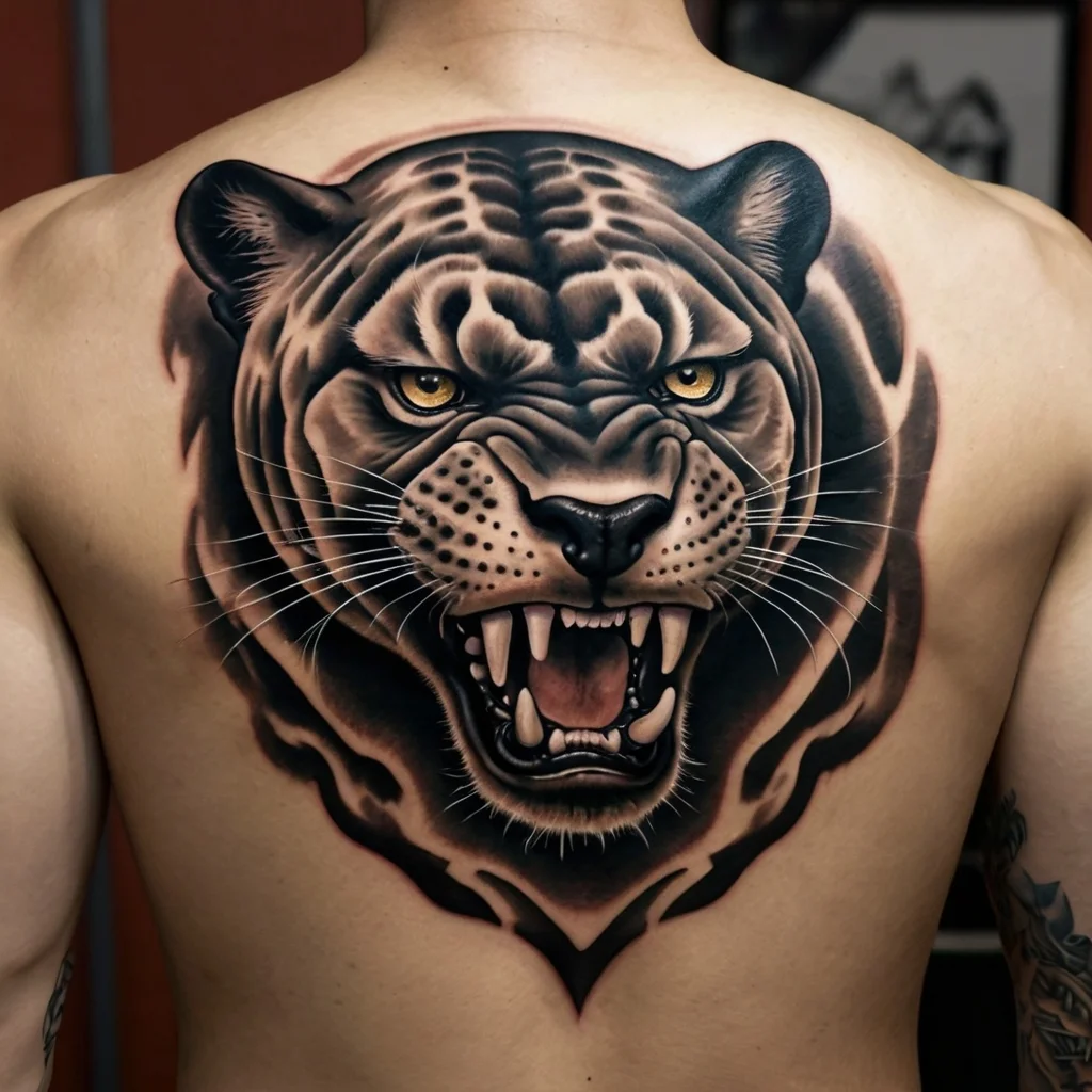 Tattoo of a roaring tiger head on a back, showcasing realistic detail and intense eyes, symbolizing strength and courage.